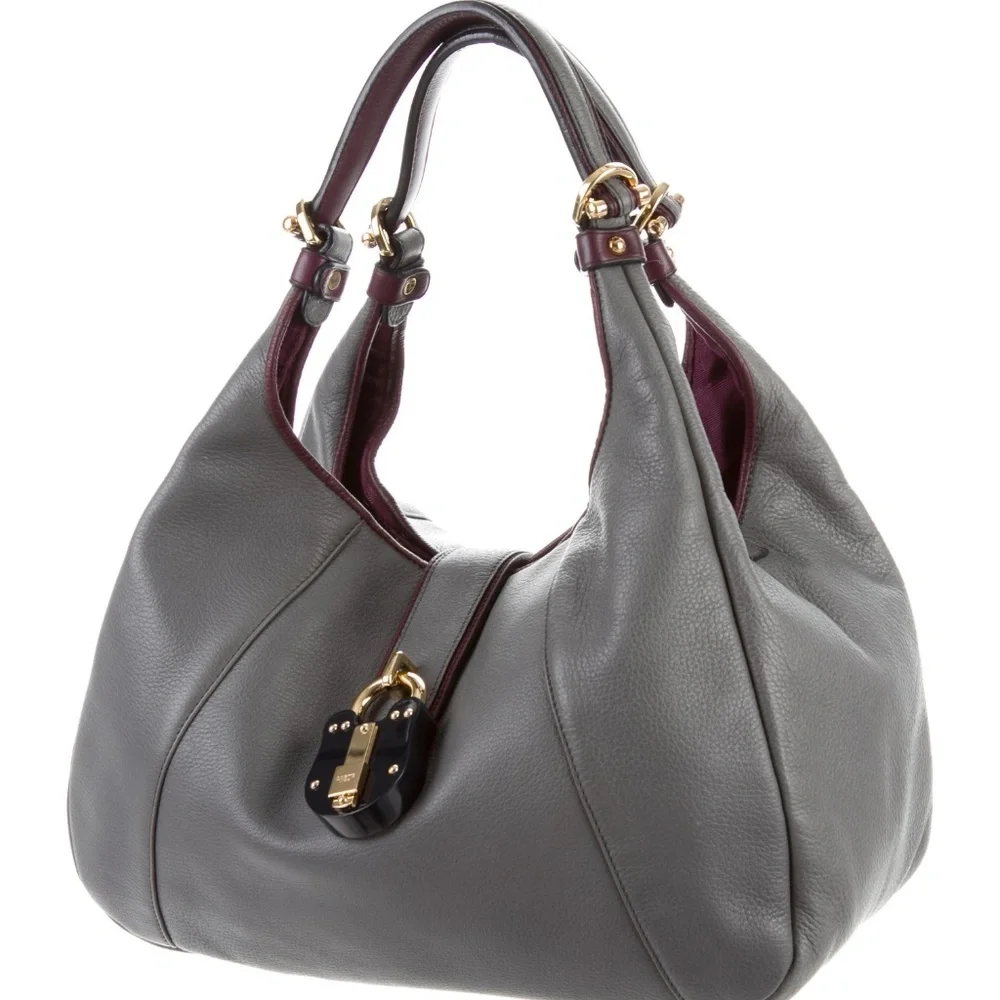 Loewe Calle Grey with Purple Trim Leather Hobo Bag